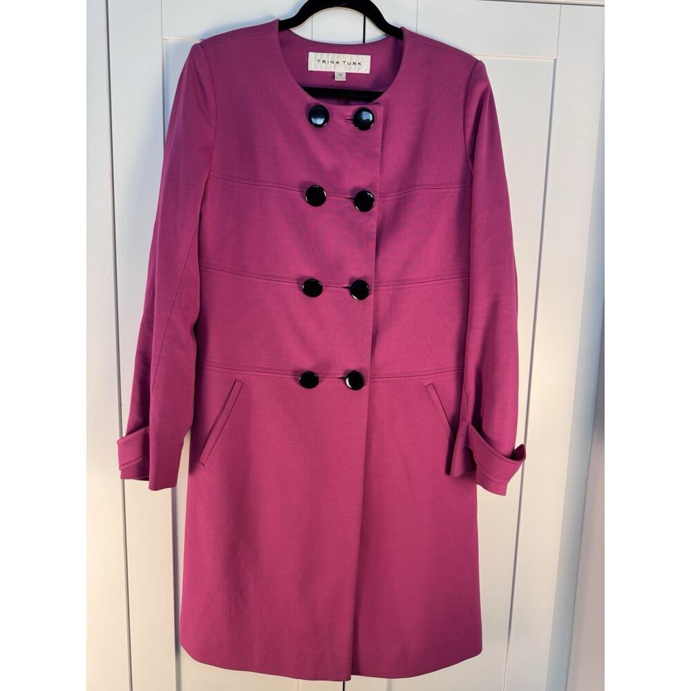 Trina Turk Fuchsia Trench Coat Size 12 Double Breasted Designer Statement - Picture 2 of 14